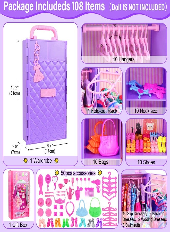 Ecore Fun 108 Pcs Doll Clothes and Accessories with Purple Doll Closet for 11.5 Inch Dolls - Including Party Dresses Fashion Dress Outfits Swimsuits Shoes Hangers Bags Necklaces - Image 2
